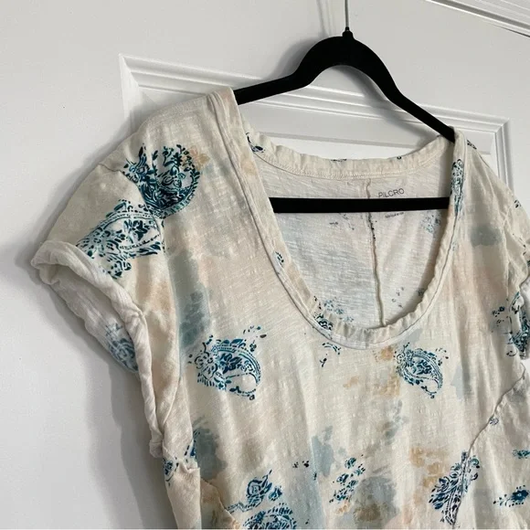 Anthropologie Pilcro Cream and Blue Patterned Cotton Short Sleeve Top - Picture 4 of 9